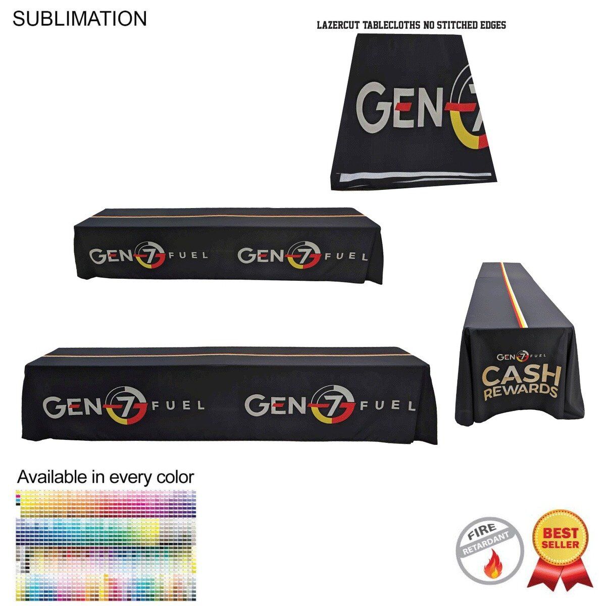 005D68AC6DBD1F3DE7946F2C090BD761 12' LazerCut, 4-Sided Sublimated Tablecloth, Drape Style, Closed Back (on 2 x 6ft tables combined)