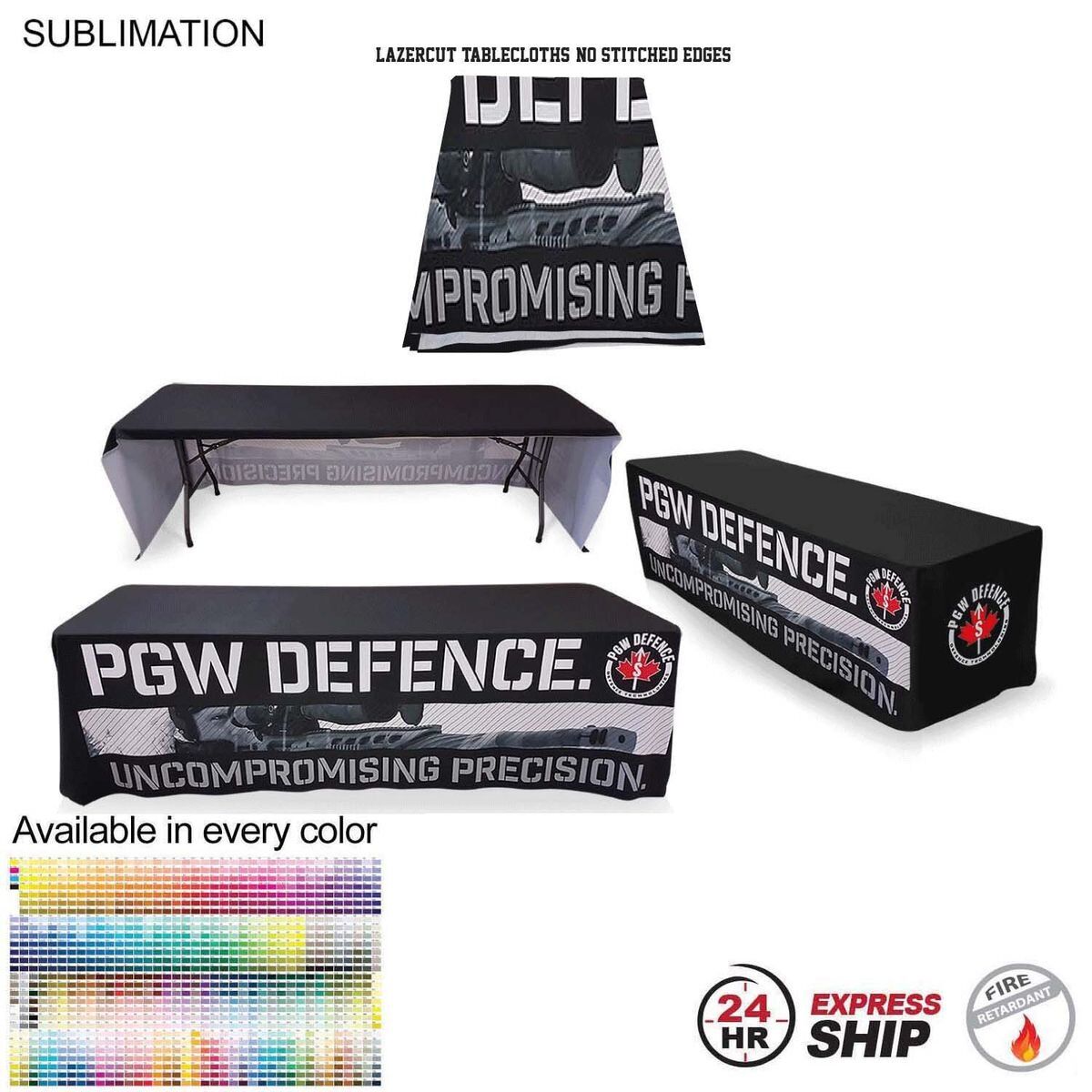 24 Hour Express Ship - 8' Sublimated Tablecloth LazerCut 3-Sided, Drape Style, Open Back