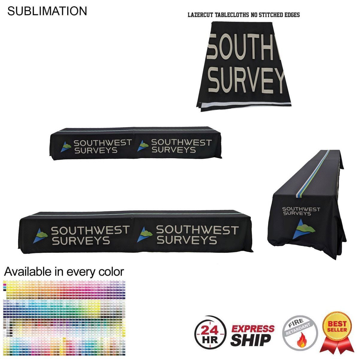 29A2E161732B68C7E93E1E95C24405A8 24 Hour Express Ship - 16' LazerCut, 4-Sided Sublimated Tablecloth, (on 2 x 8ft tables combined)