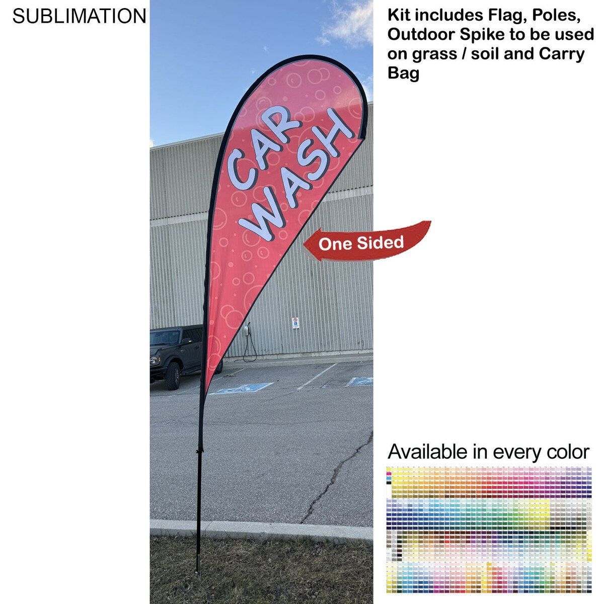 414DBFE4FA68F87E58B1D2A8030ADF0A 12ft Medium Teardrop Flag Kit 12' Medium Tear Drop Flag Kit, Full Color Graphics One Side, Outdoor Use Spike base and Bag Included