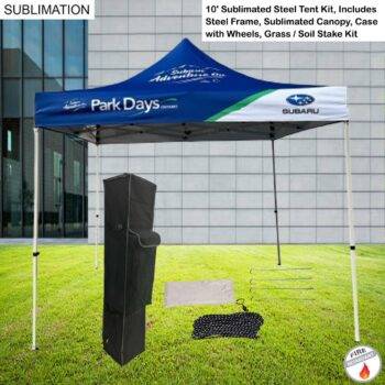 Steel Tent Kit Includes Steel Frame, 10' Steel Tent Kit, Includes Steel Frame, Sublimated Canopy, Case, Grass Stake Kit