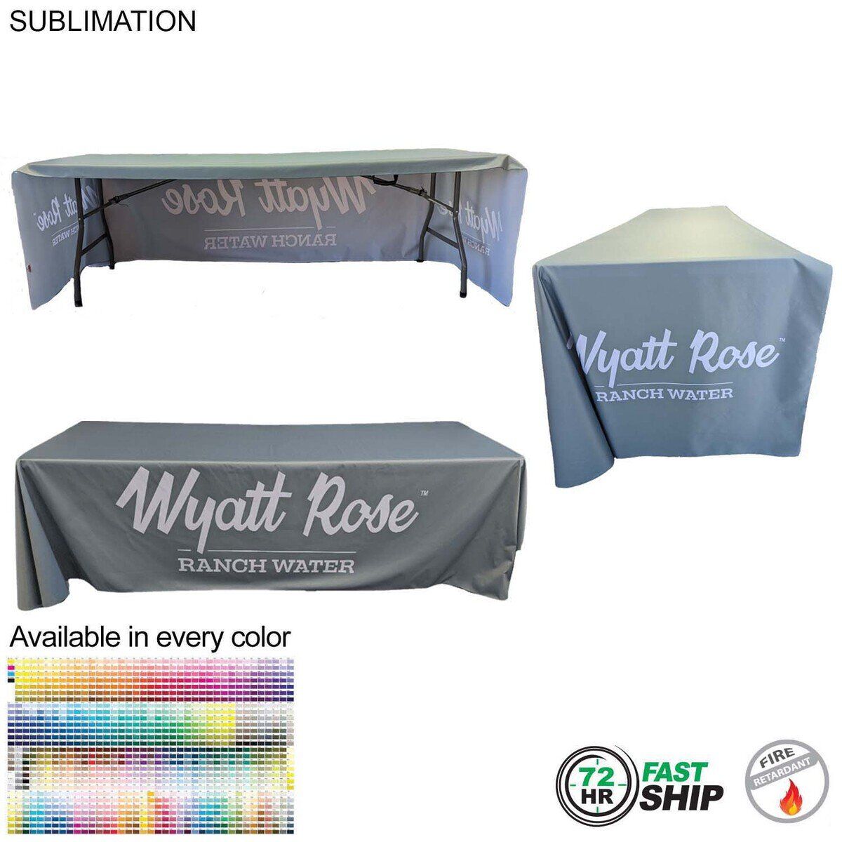 72 Hour Fast Ship - Sublimated PREMIUM Table Cloth for 8' Table, Drape Style, Open Back, Rounded corners