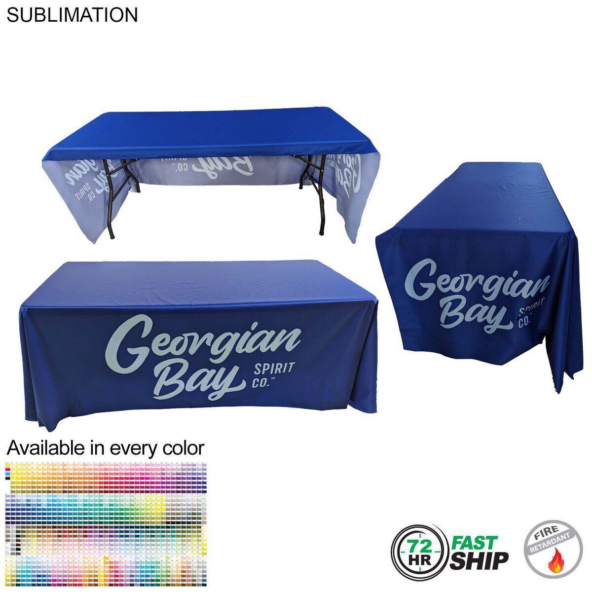 5C19EEF03024AB4A86677392A34A71AB 72 Hour Fast Ship - Sublimated PREMIUM Table Cloth for 6' Table, Drape Style, Open Back, Rounded Corners