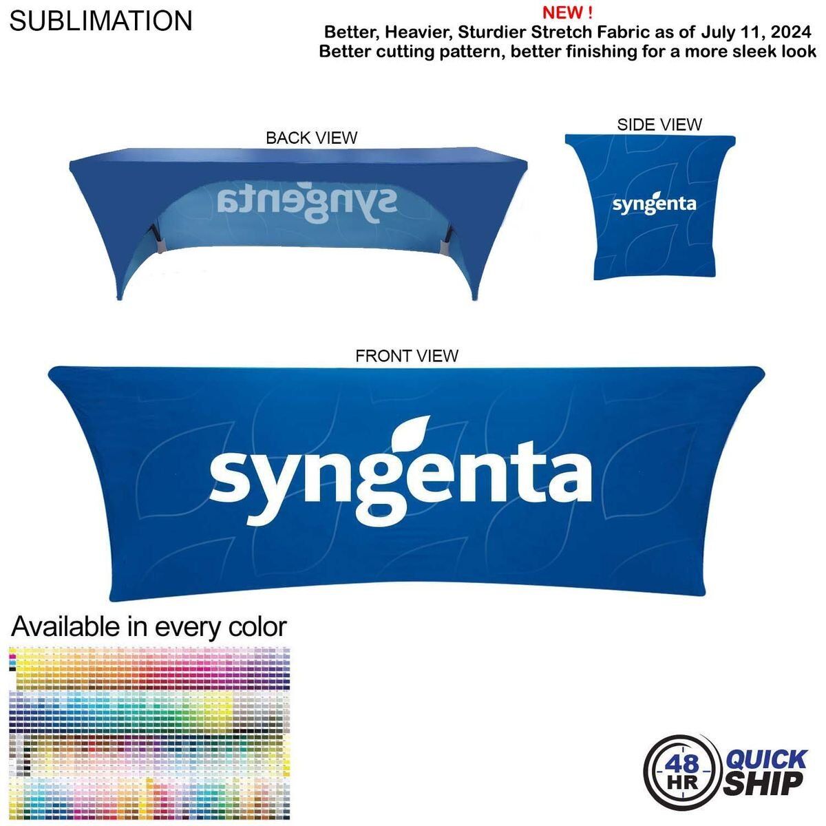 5EA5467B414ACA3BEC3524B1CC58A162 48 Hour Quick Ship - Sublimated Stretch Curved Fit Tablecloth Throw for 8ft table, 3 sided, Open Back