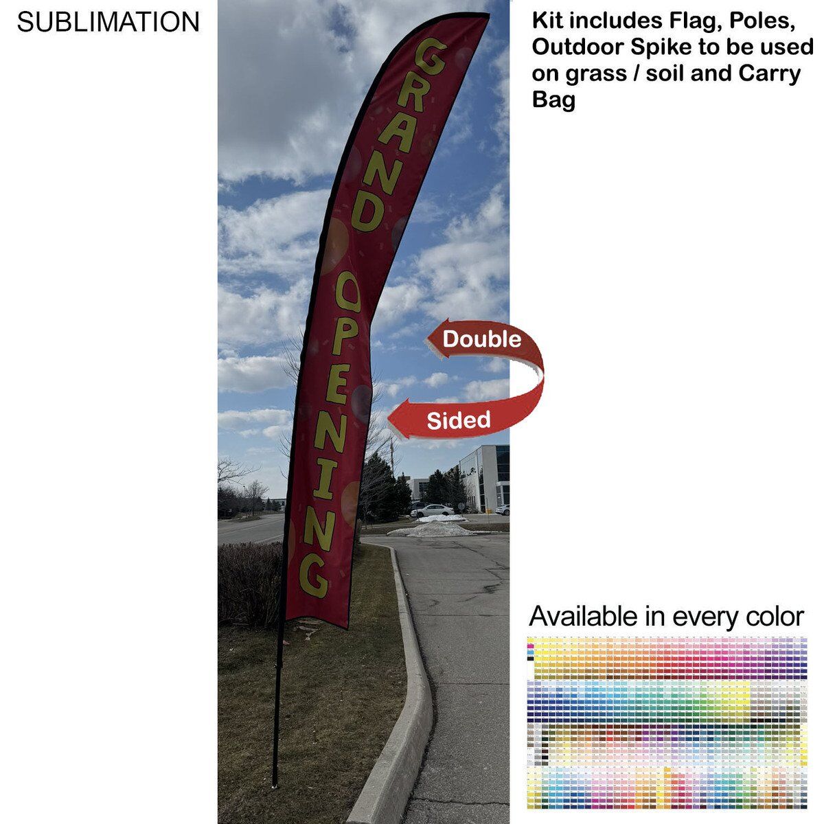 65A44AEC128B12D93E00FBF4CD89B796 19ft Extra-Large Double-Sided Feather Flag Kit 19' X-Large Feather Flag Kit, Full Color Graphics Double Sided, Outdoor Spike base and Bag Included