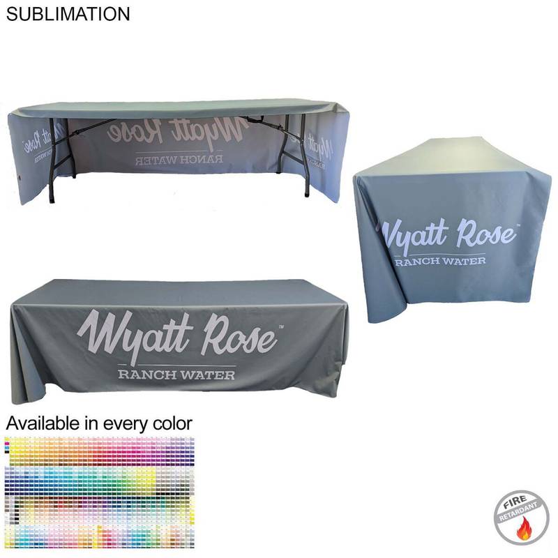 Sublimated PREMIUM Table Cloth for 8' Table, Drape Style, 3 sided, Open Back, Rounded corners