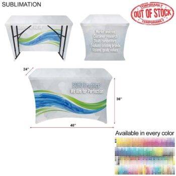 Sublimated Stretch Curved Fit Tablecloth Throw for 4ft Demo, Sampling Table, 3 sided, Open Back