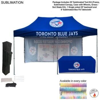 48 Hr Quick Ship - Deluxe Event Package, 20' Sublimated Tent, 20' backwall, 6' Box Fit Tablecloth, 48-Hour Quick-Ship Deluxe Event Package