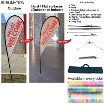9-foot Small Tear Drop Flag Kit, 9' Small Tear Drop Flag Kit, Full Color Graphics One Side, Outdoor Use Spike base, Indoor Cross Base