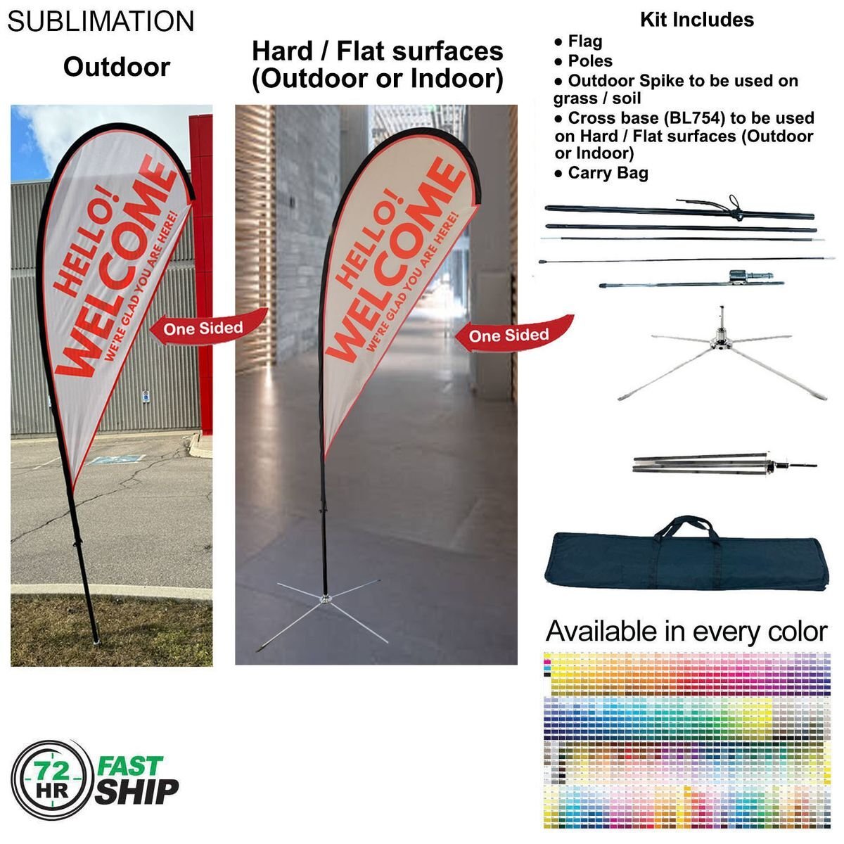 Small Tear-Drop Flag Kit 72Hr Fast Ship - 9' Small Tear Drop Flag Kit, Full Color Graphics One Side, Outdoor & Indoor bases