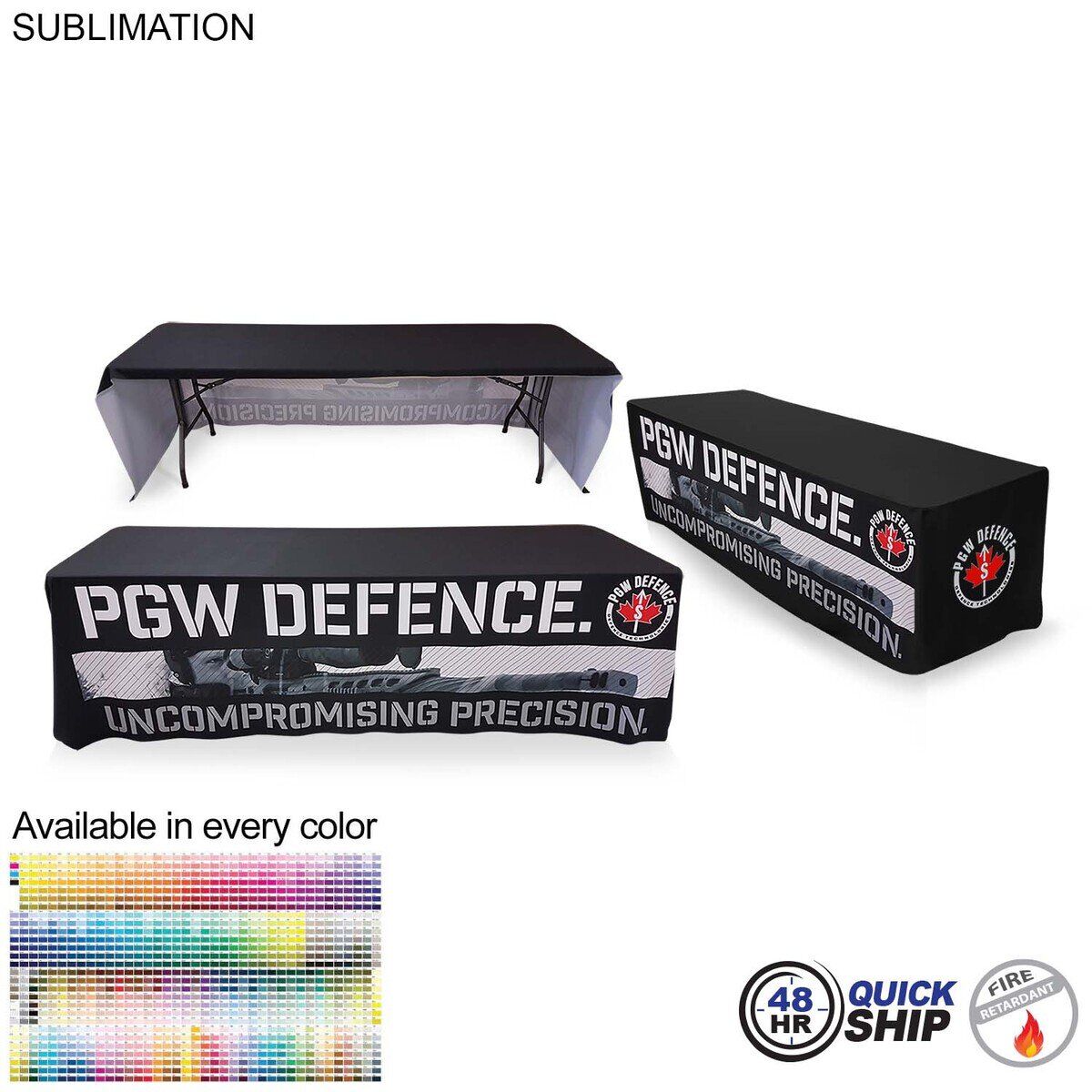 9E6049374BE1166ED75DC794D22E4B75 48 Hour Quick Ship - Sublimated Table Cloth for 8' Table, Drape Style, 3 sided, Open Back
