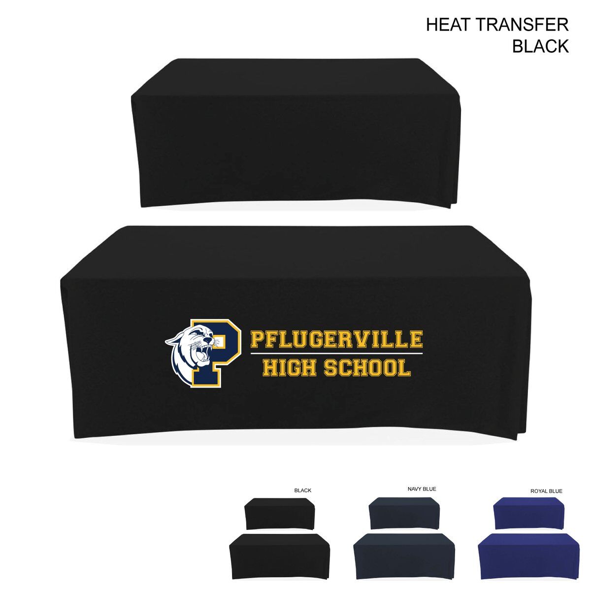 A5D4BD357D7CC88FAEEF00F84C84EDF2 Polycotton Twill Table Cloth Throw for 6' Table, Drape style, 4 sided, Closed Back, Heat Transfer logo