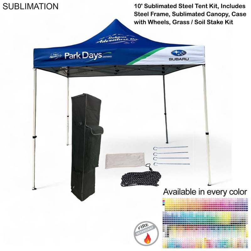 Fast-Ship 72hr 10ft Steel Tent Kit Fast-Ship 72hr 10ft Steel Tent Kit 72hr Fast Ship 10ft Steel Tent Kit 48-Hr Quick Ship 10′ Steel Tent Kit, Express Ship 10-feet Steel Tent Kit, 24 Hr Express Ship - 10' Steel Tent Kit, Includes Frame, Sublimated Canopy, Case, Grass Stake Kit