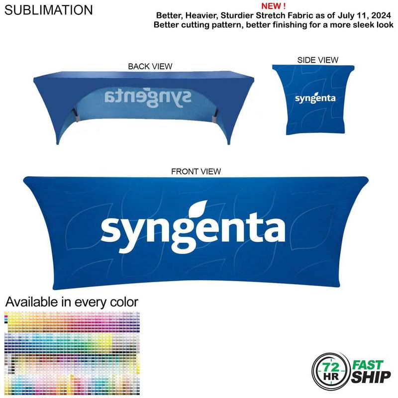 72 Hour Fast Ship - Sublimated Stretch Curved Fit Tablecloth Throw for 8ft table, 3 sided, Open Back