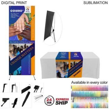 24HR Express Ship Tradeshow Package 24 Hr Express Ship - Tradeshow Package, Banner with X-Stand + Sublimated Tablerunner, Easy to setup