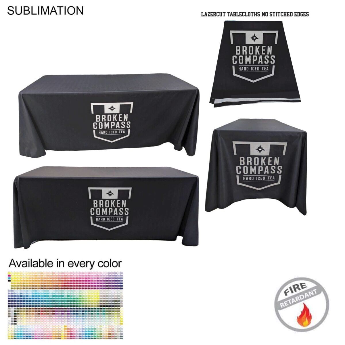 C98EBD3A218B89AA490115E9738F9ED4 Laser-Cut Premium Sublimated, 6' LazerCut 4-Sided PREMIUM Sublimated Tablecloth, Drape Style, Closed Back