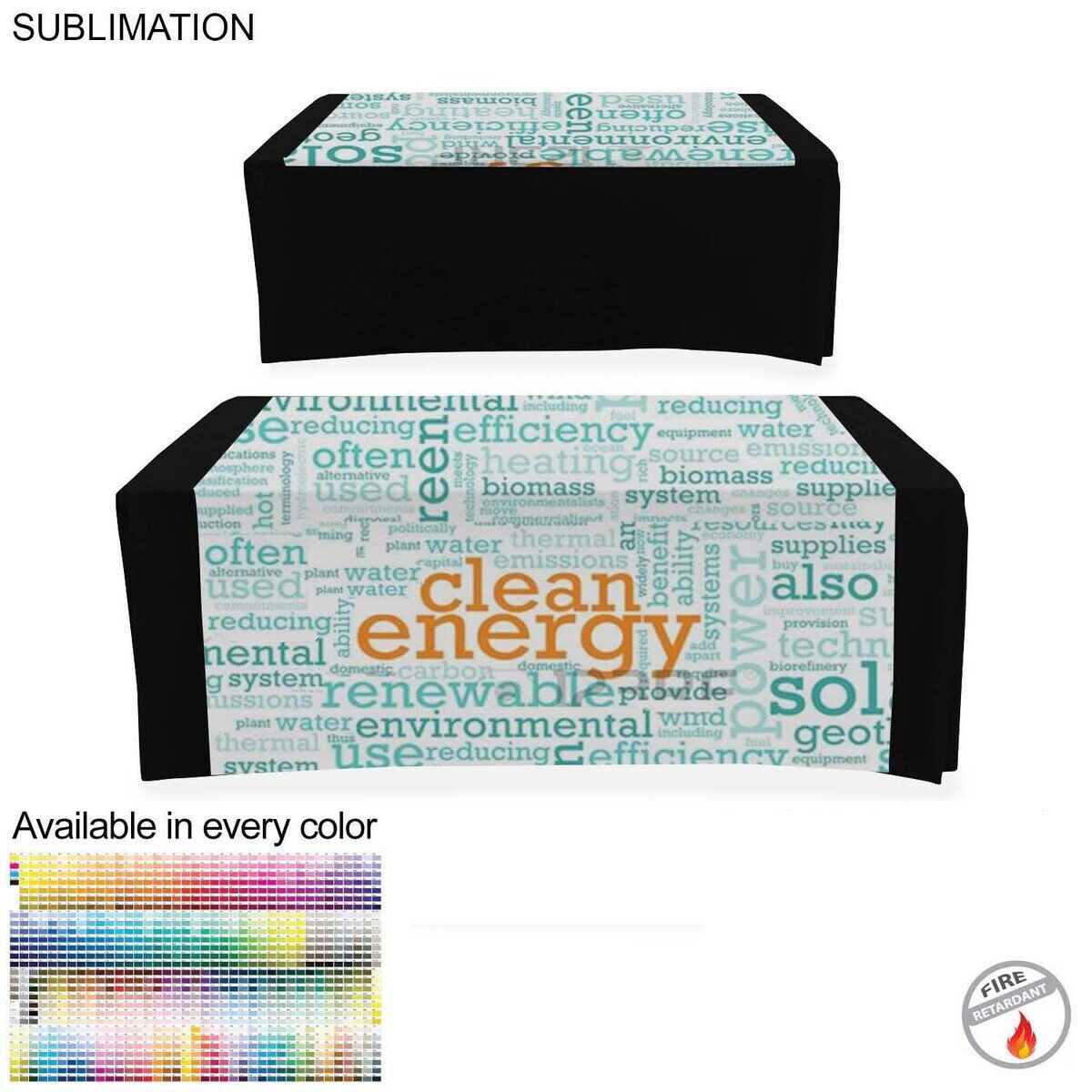 CA51C1AFEBF15DCA1F0172931AAA2C46 Sublimated Wider Table Runner, 60x60, Covers Front and Top of the table