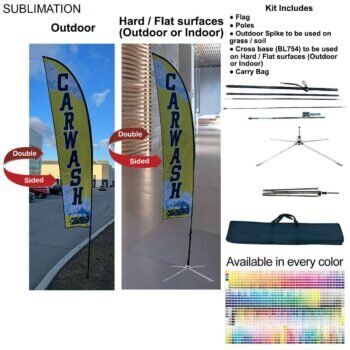 13-foot Medium Feather Flag Kit, 13' Medium Feather Flag Kit, Full Color Graphics Double Sided, Outdoor Spike base, Indoor Cross Base