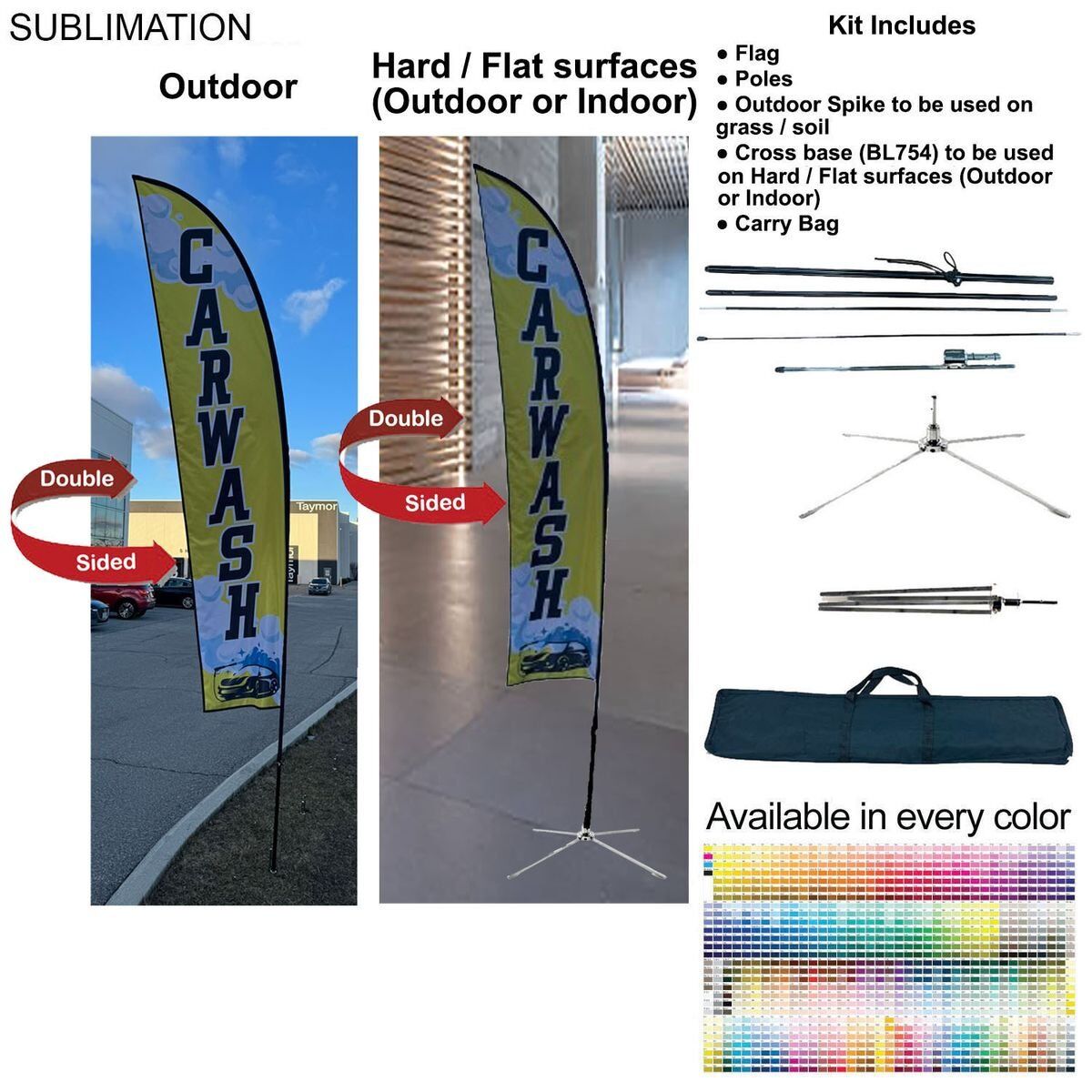 D197CF77C32EA177C42D0114395A44C6 13-foot Medium Feather Flag Kit, 13' Medium Feather Flag Kit, Full Color Graphics Double Sided, Outdoor Spike base, Indoor Cross Base