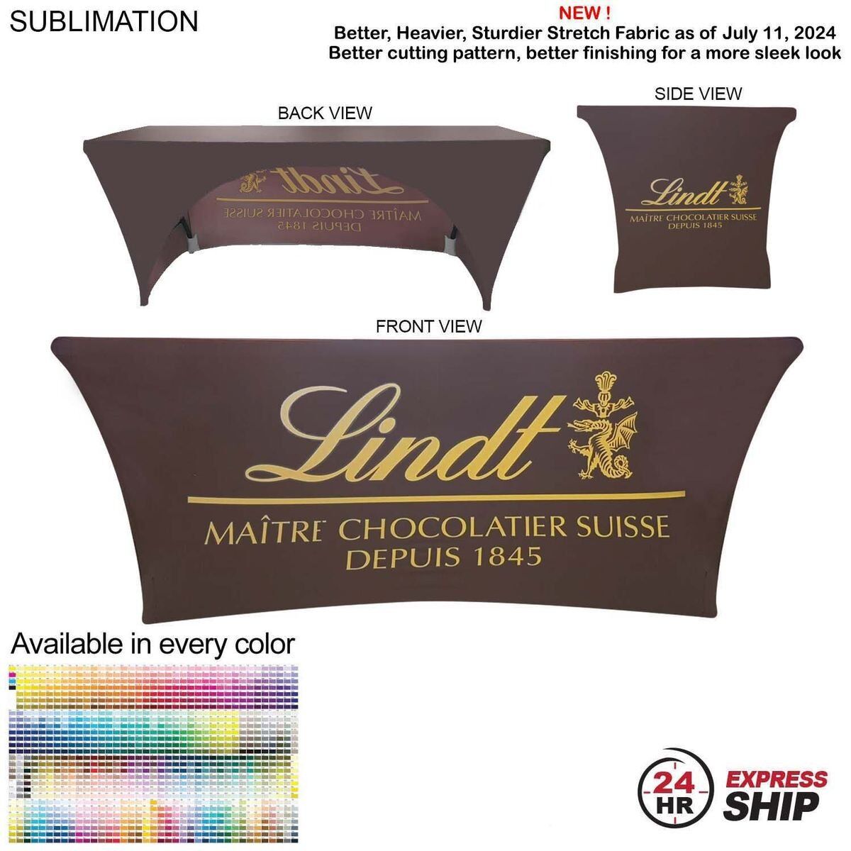 DDD51BA9C9F961A0ADBD98D46AD54642 24 Hour Express Ship - Sublimated Stretch Curved Fit Tablecloth Throw for 6ft table, 3 sided, Open Back