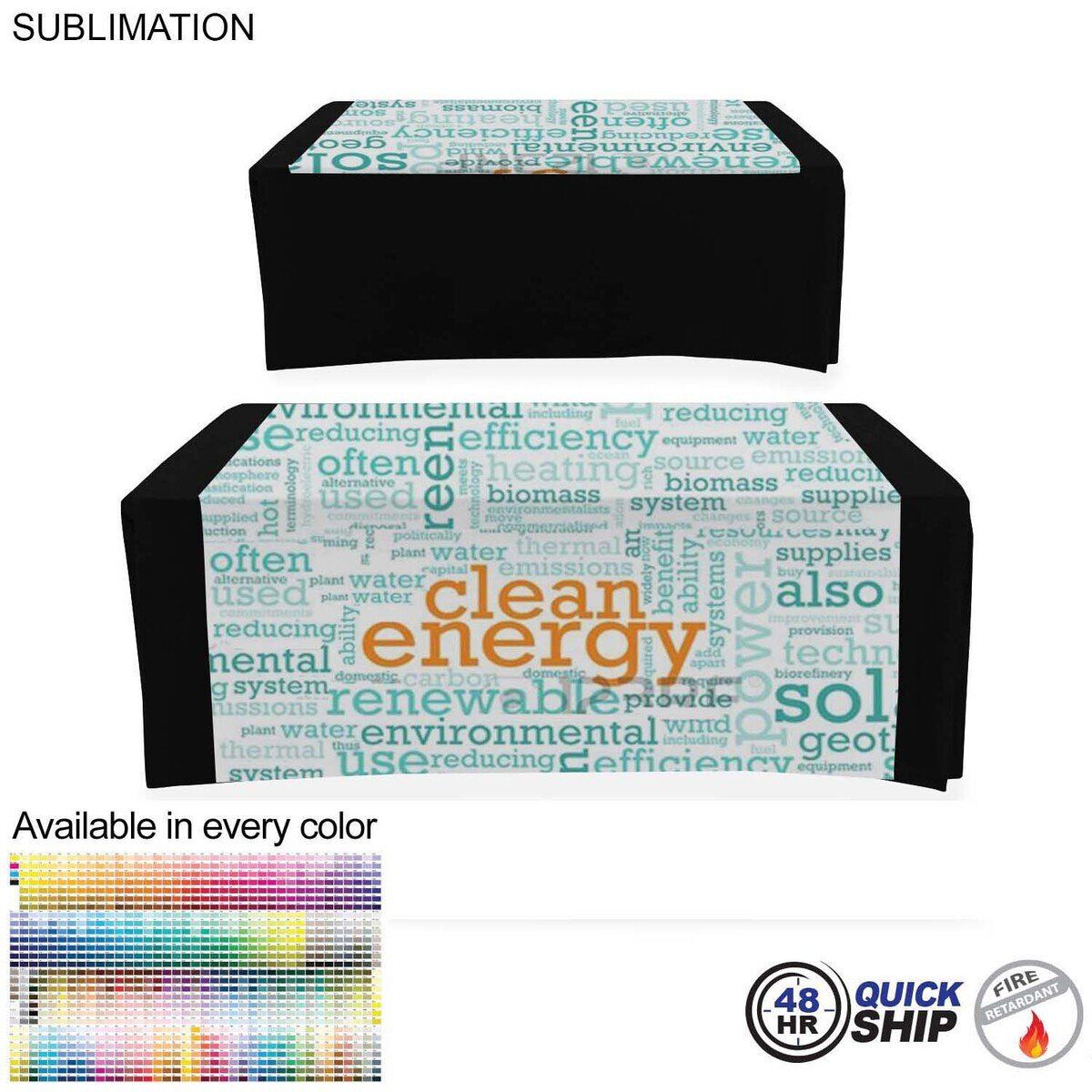 E229A165020351E6DF78D1F9F67D813B 48-Hr Quick Ship Sublimated, 48 Hr Quick Ship - Sublimated Wider Table Runner, 60x60, Covers Front and Top of the table