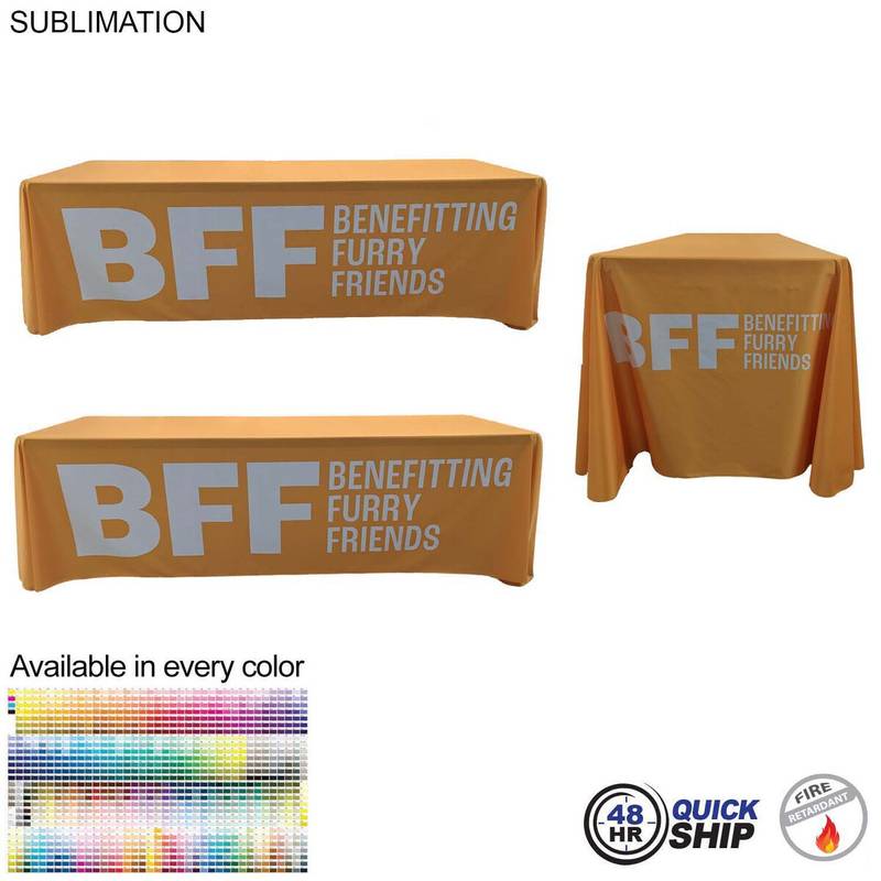 EAC1BCBF476C60BF73C6F13C644AFFF5 48 Hr Quick Ship - Sublimated PREMIUM Cloth for 8' table, Drape style, Closed Back, Rounded Corners