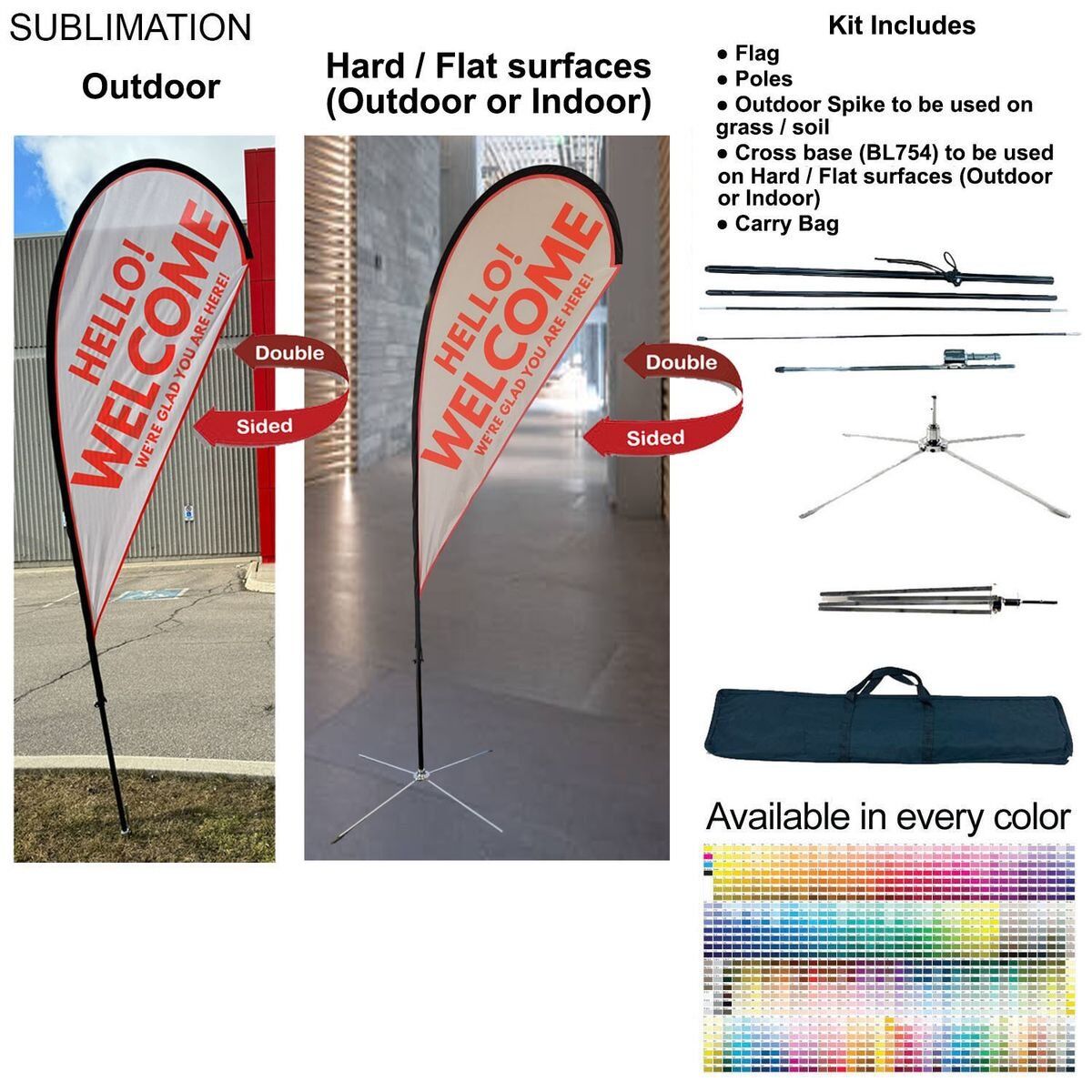 F1E8B2A132349249E4F1B7EF2D380388 9-foot Small Tear Drop Flag Kit, 9' Small Tear Drop Flag Kit, Full Color Graphics Double Sided, Outdoor Spike base, Indoor Cross Base