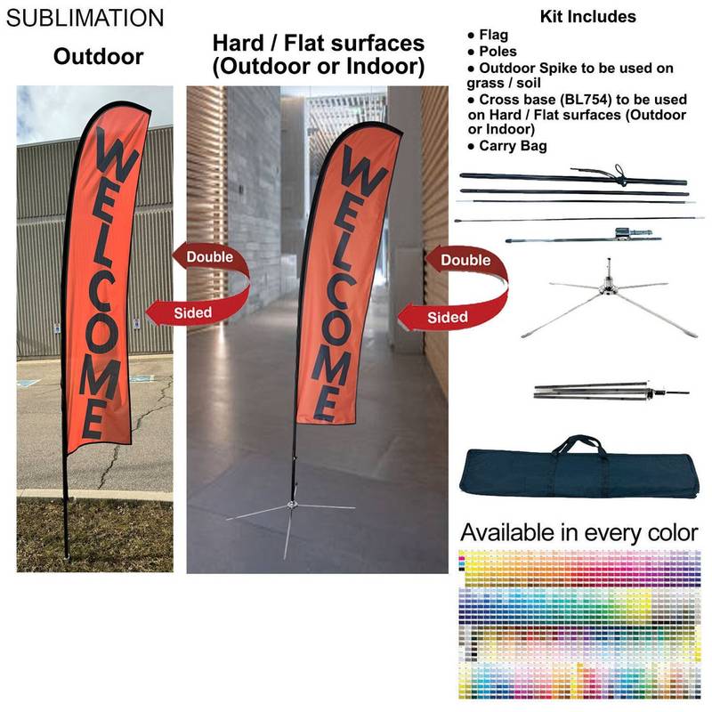 FE0FB8384A4AA5238343551BE382C39A 10-foot Small Feather Flag Kit, 10' Small Feather Flag Kit, Full Color Graphics Double Sided, Outdoor Spike base, Indoor Cross Base